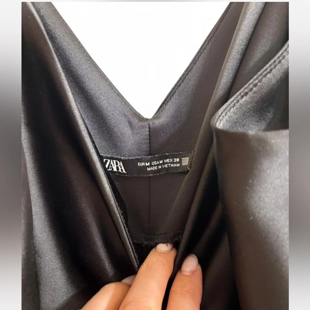 Zara Black Satin V-Neck Slip Dress - Picture 3 of 7
